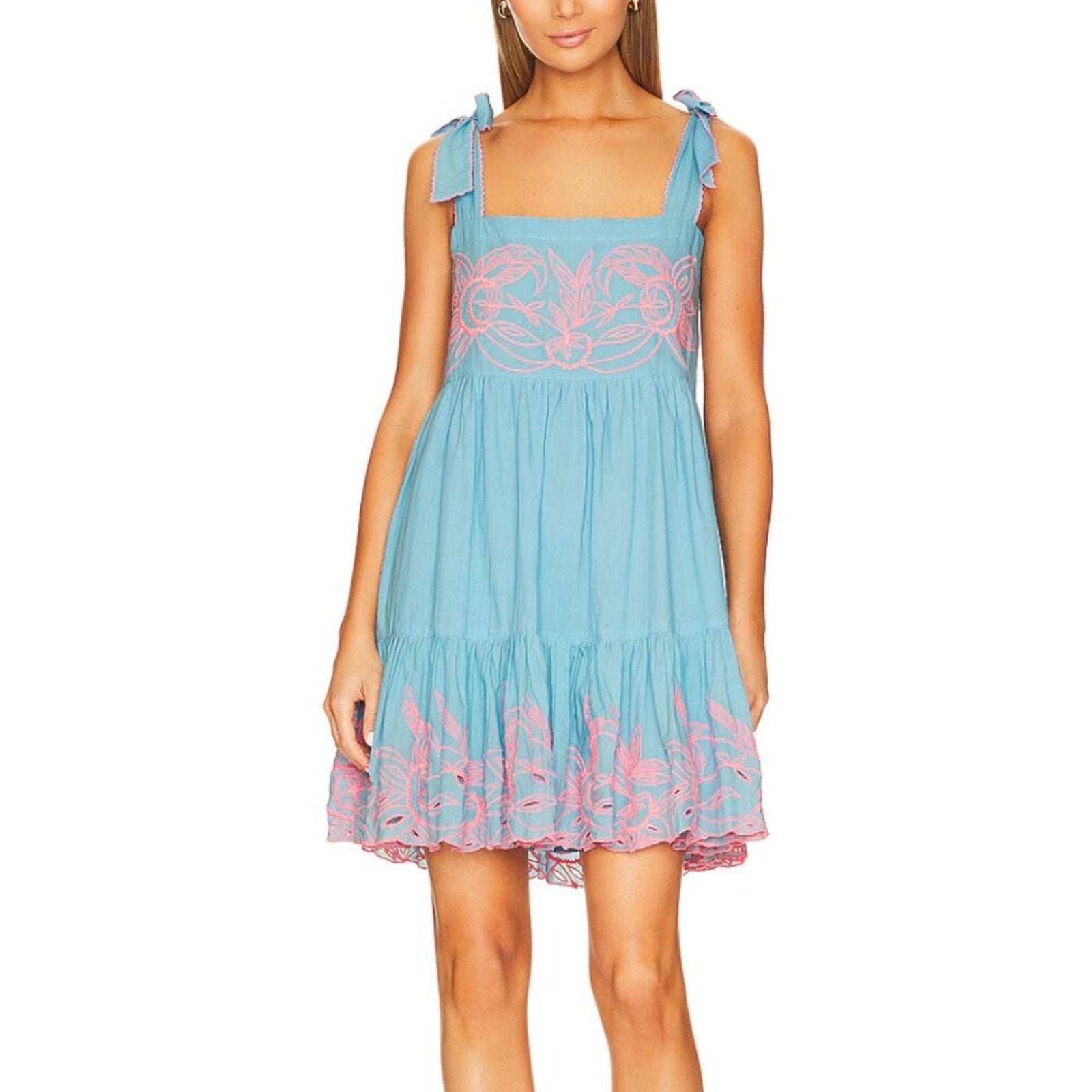 Juliet Dunn Tie Shoulder Mini Dress in Blue/Pink - juliet dunn Bernardi Collective