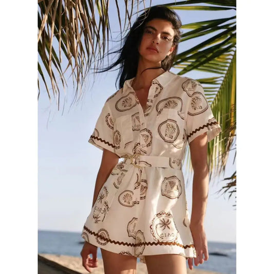Kivari Ciao Printed Linen-Cotton Belted Romper - Dress
