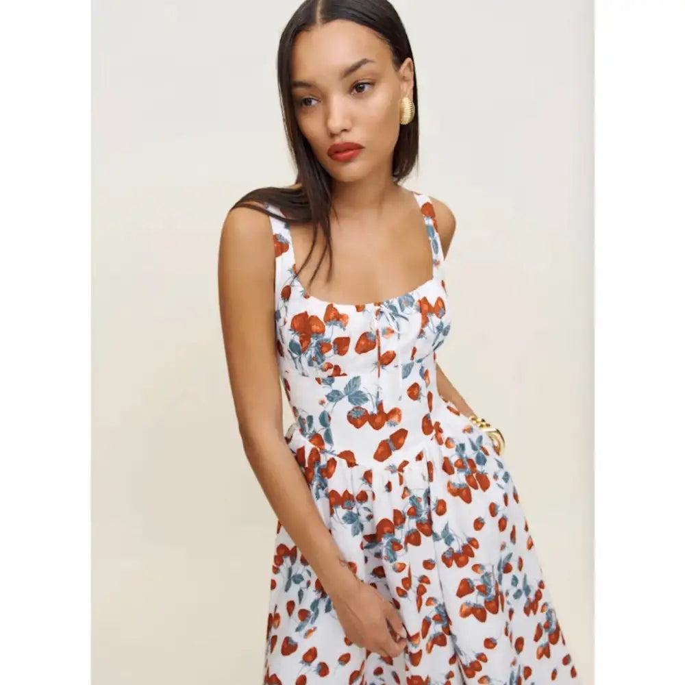 Reformation Balia Linen Sleeveless Basque-Waist Midi Dress Strawberry Jam - Dress
