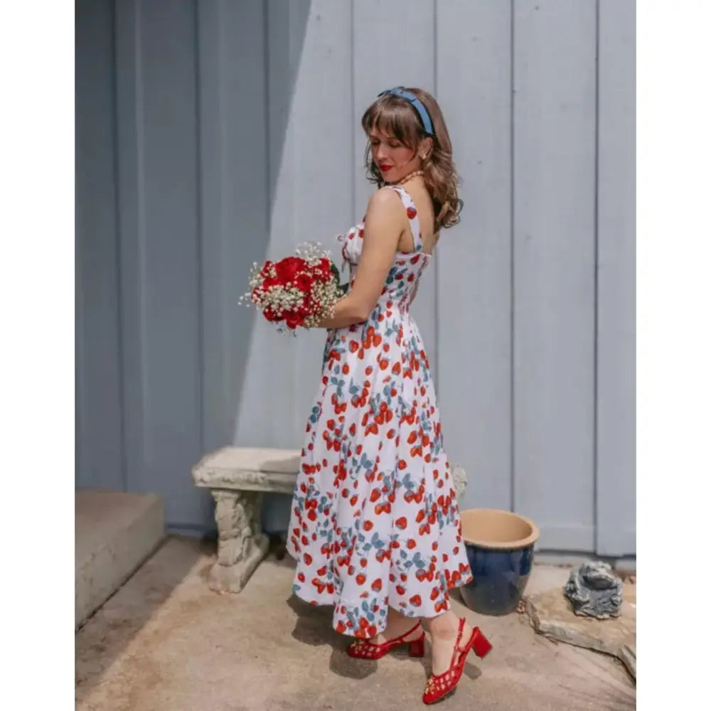Reformation Balia Linen Sleeveless Basque-Waist Midi Dress Strawberry Jam