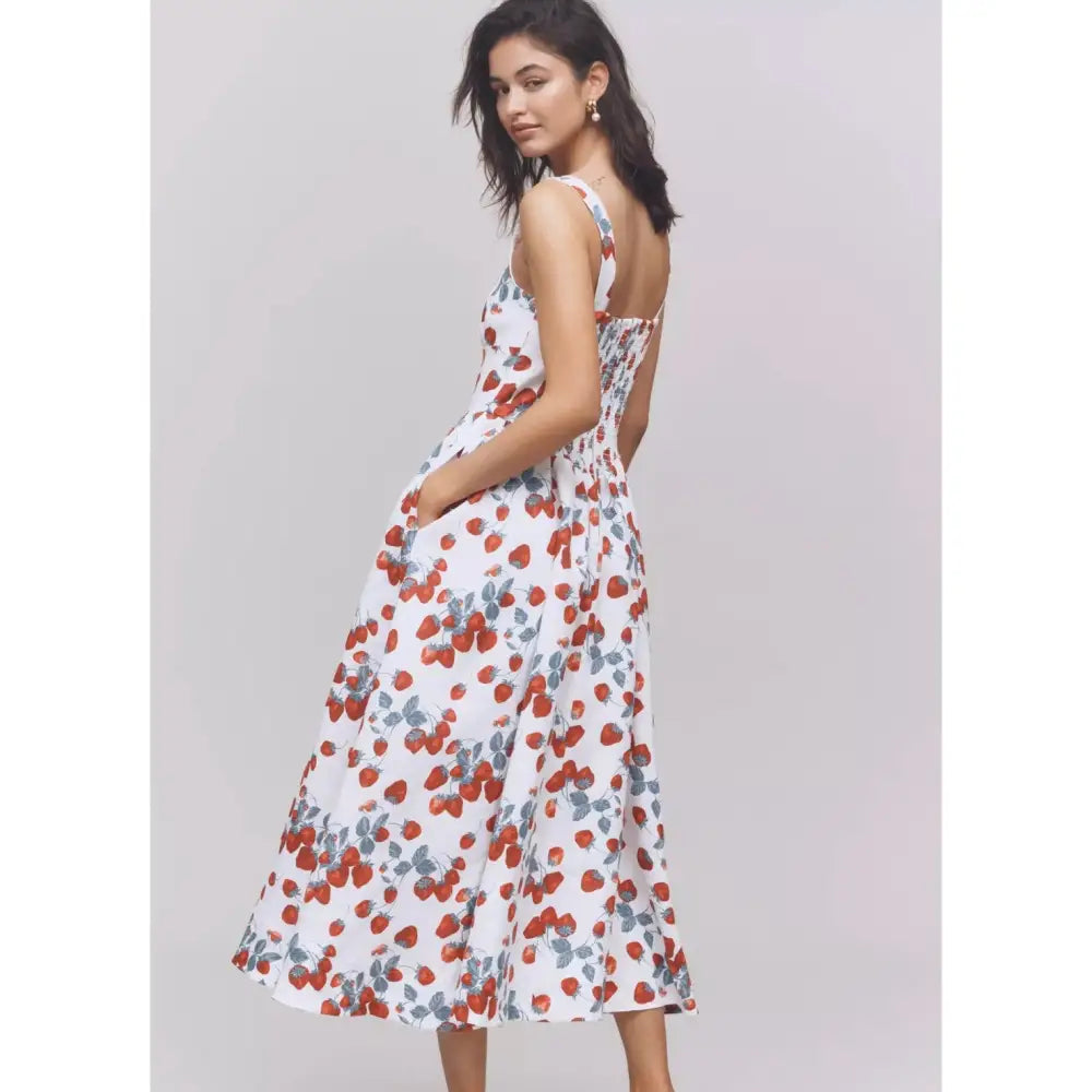 Reformation Balia Linen Sleeveless Basque-Waist Midi Dress Strawberry Jam - Dress