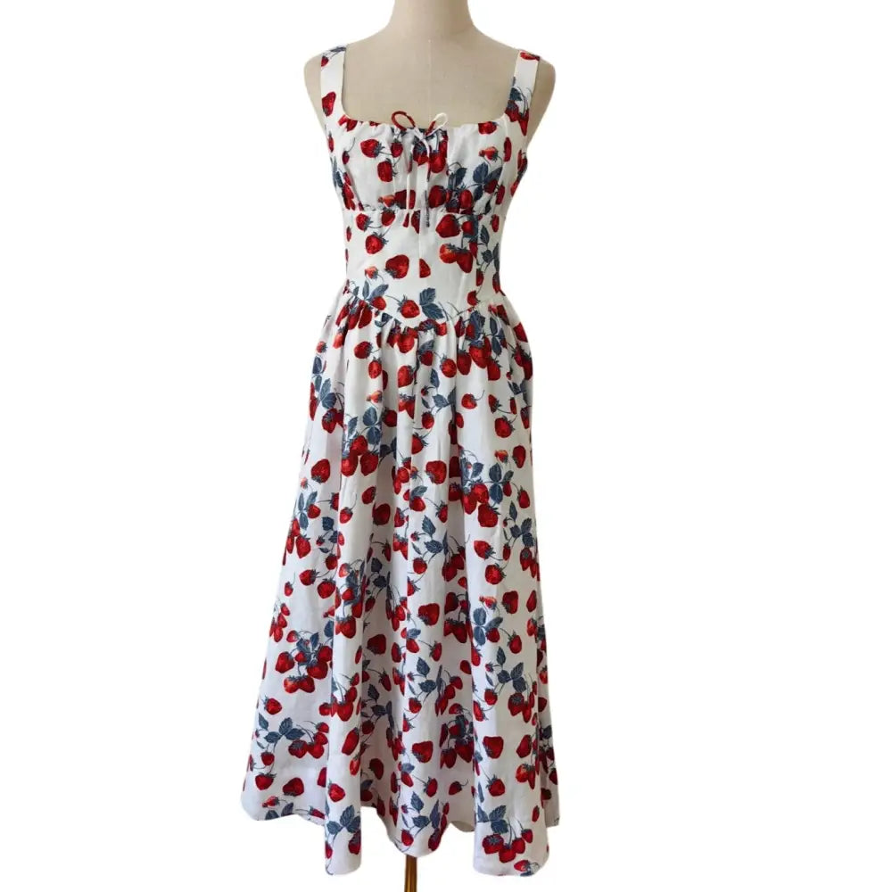 Reformation Balia Linen Sleeveless Basque-Waist Midi Dress Strawberry Jam - Dress