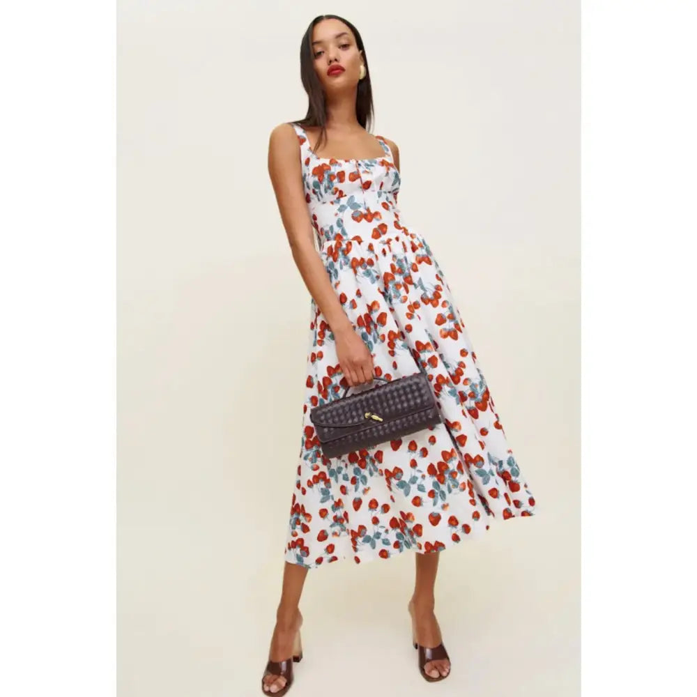 Reformation Balia Linen Sleeveless Basque-Waist Midi Dress Strawberry Jam - Dress