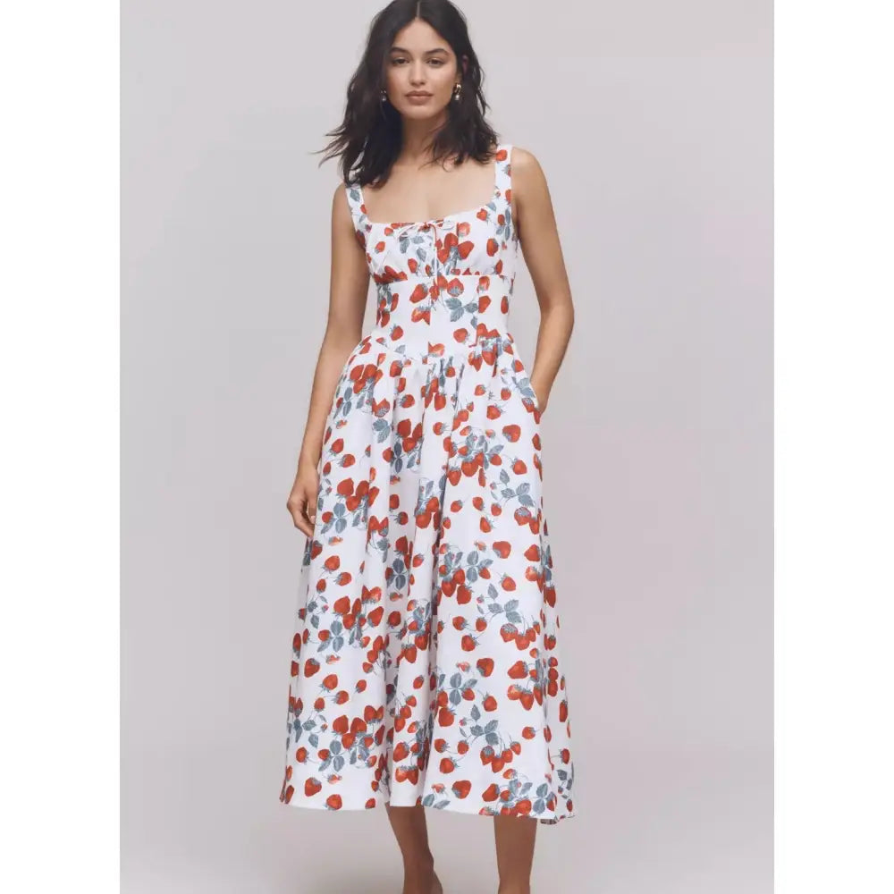 Reformation Balia Linen Sleeveless Basque-Waist Midi Dress Strawberry Jam - Dress