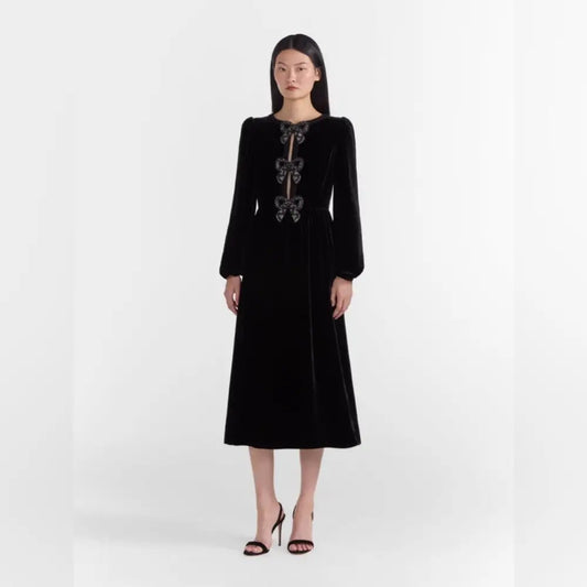Saloni Camille Velvet Black Bows Dress in Black - Saloni Bernardi Collective