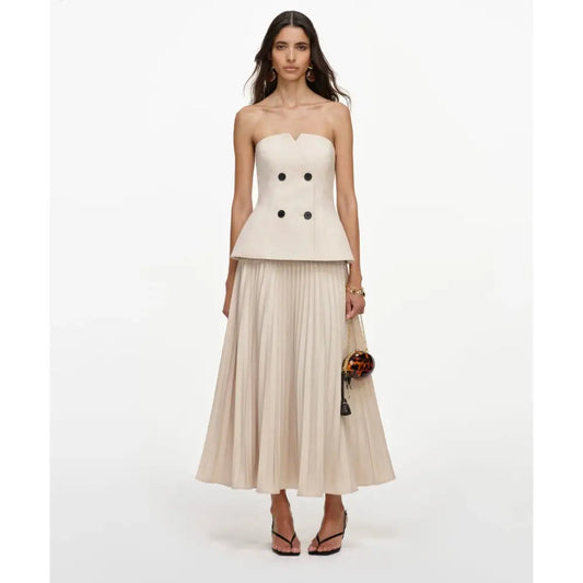 Self-Portrait Beige Bandeau Pleated Midi Dress - Dress