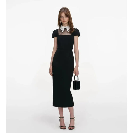 Self-Portrait Black Crepe Bow Collar Midi Dress - 2 - Dress