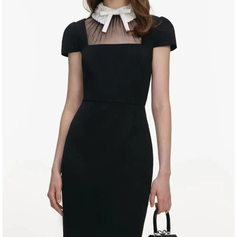 Self-Portrait Black Crepe Bow Collar Midi Dress - Dress