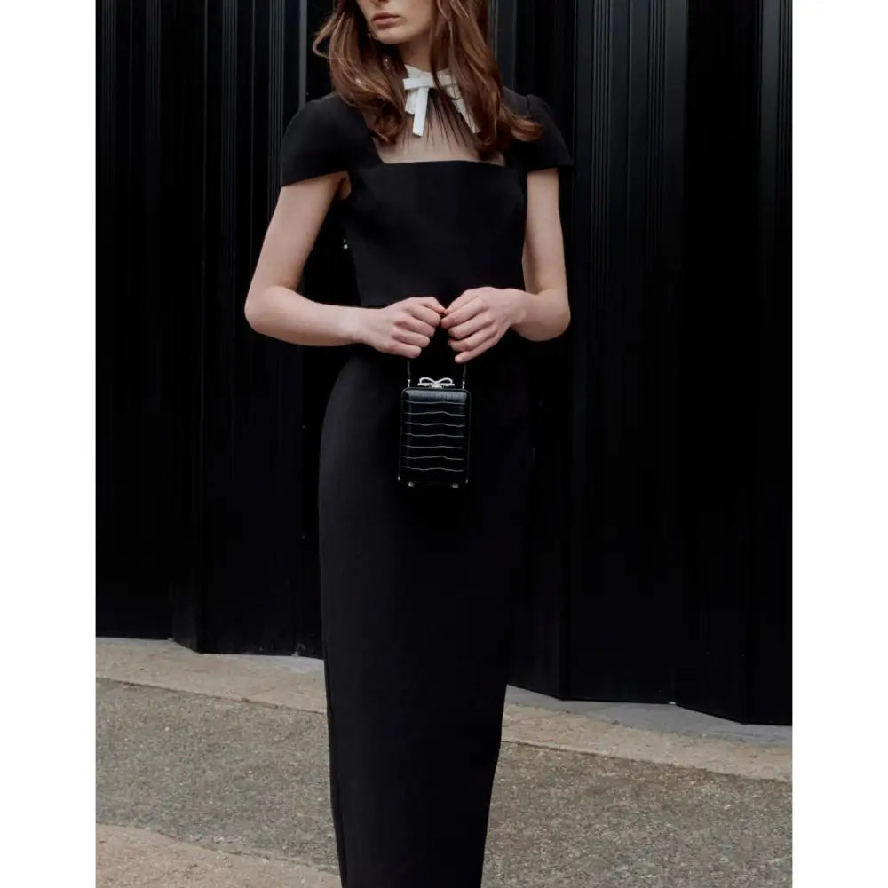 Self-Portrait Black Crepe Bow Collar Midi Dress - Dress