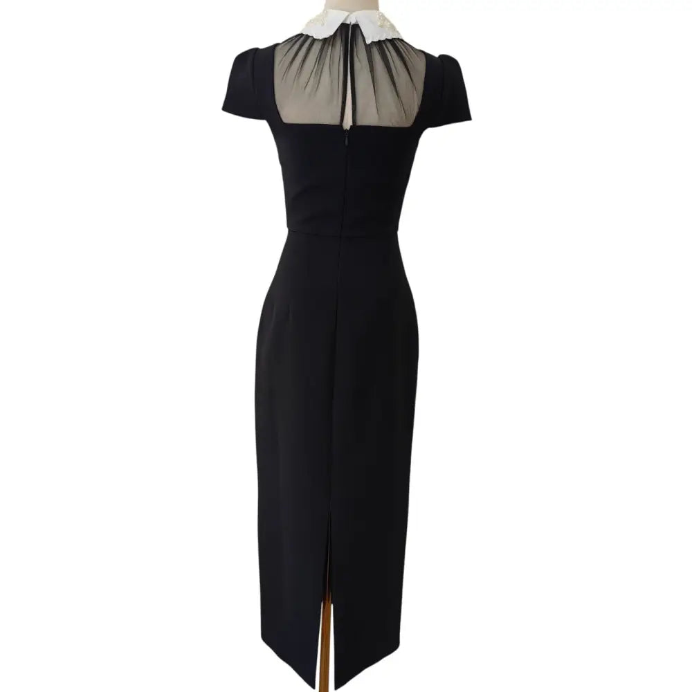 Self-Portrait Black Crepe Bow Collar Midi Dress - Dress