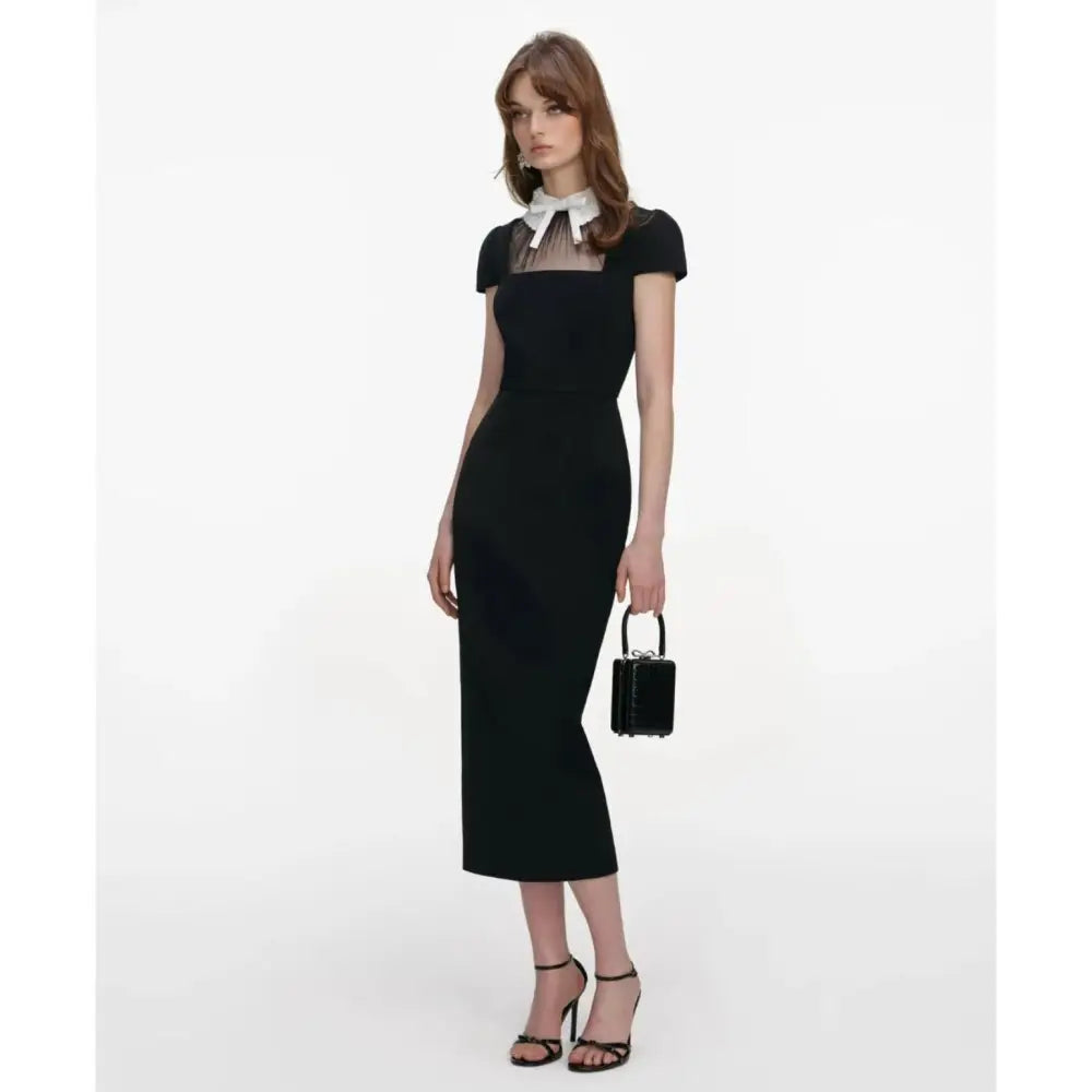 Self-Portrait Black Crepe Bow Collar Midi Dress - Dress