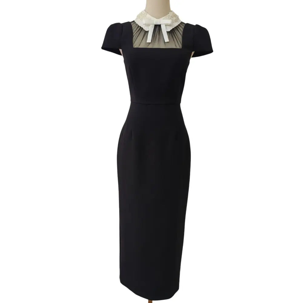 Self-Portrait Black Crepe Bow Collar Midi Dress - Dress