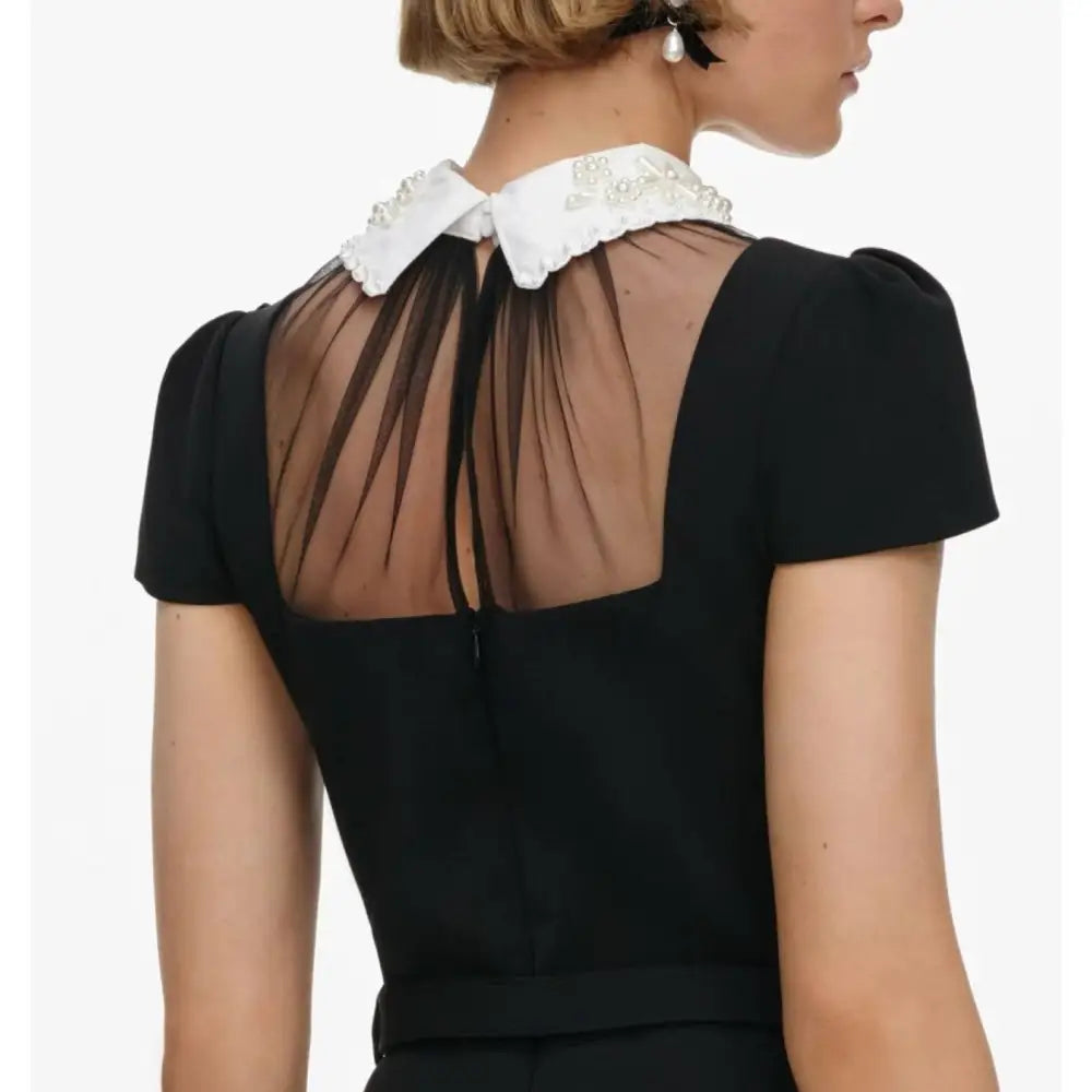 Self Portrait Black Crepe Bow Peplum Midi Dress - Dress