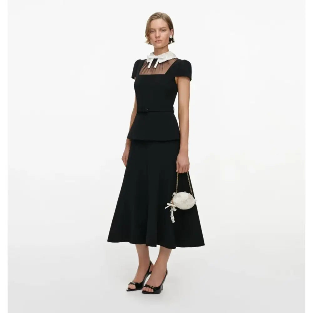 Self Portrait Black Crepe Bow Peplum Midi Dress - Dress