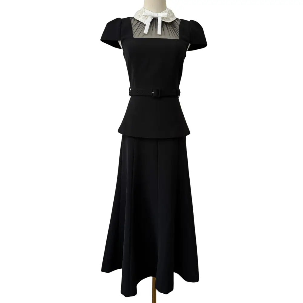 Self Portrait Black Crepe Bow Peplum Midi Dress - Dress