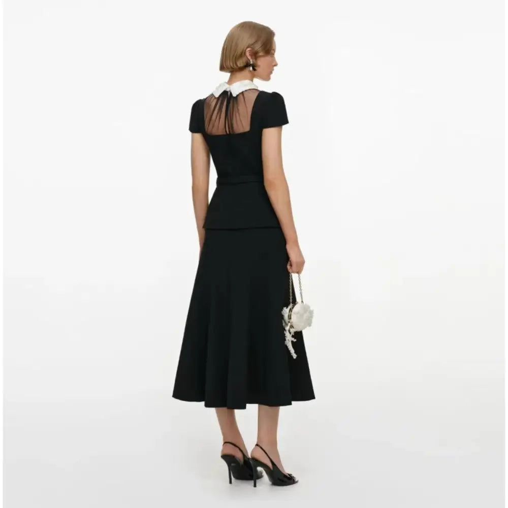 Self Portrait Black Crepe Bow Peplum Midi Dress - Dress