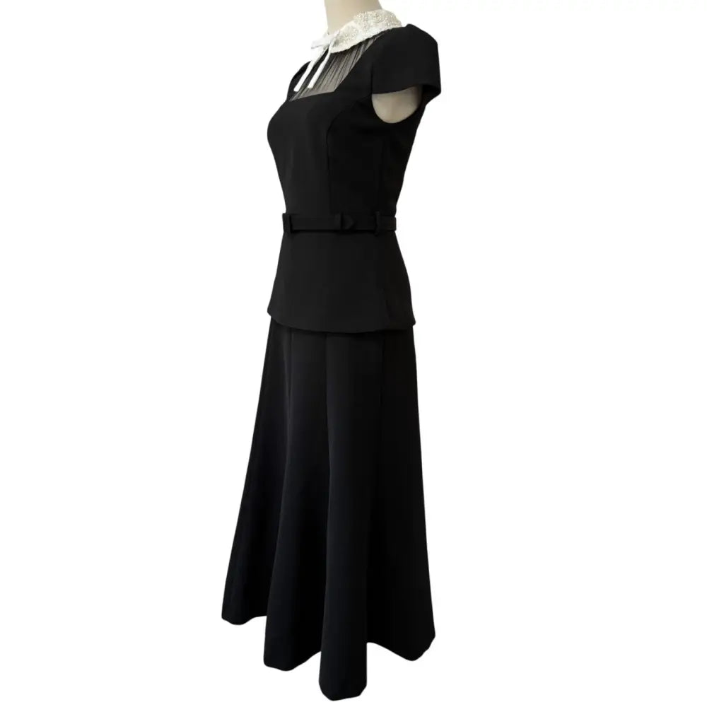 Self Portrait Black Crepe Bow Peplum Midi Dress - Dress