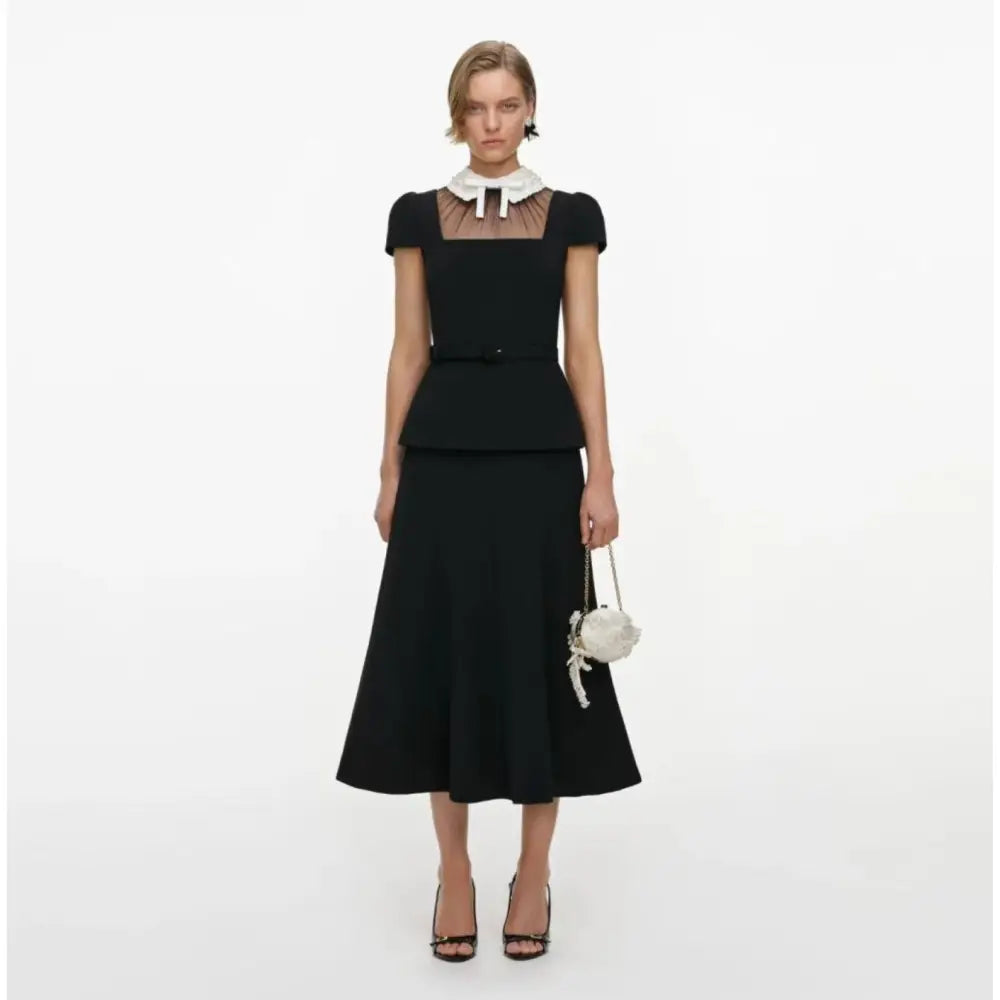 Self Portrait Black Crepe Bow Peplum Midi Dress - Dress