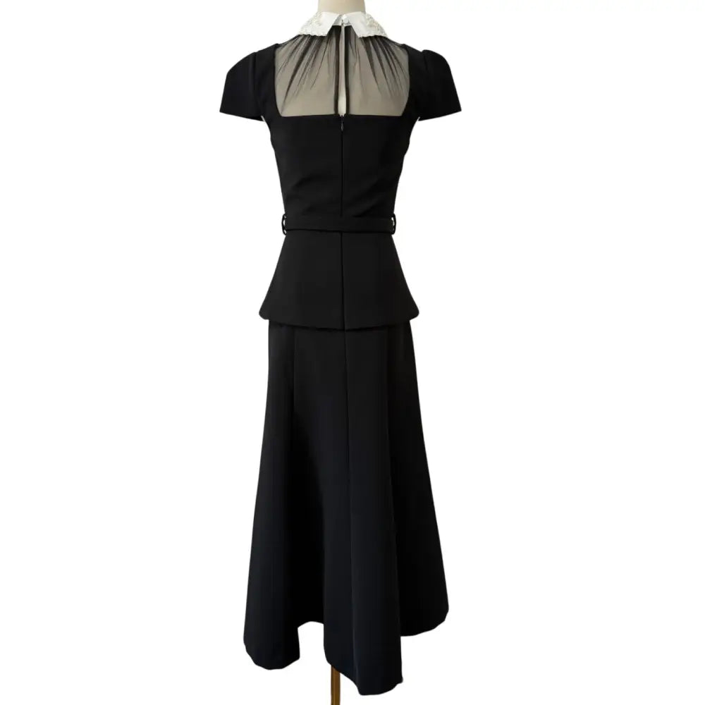 Self Portrait Black Crepe Bow Peplum Midi Dress - Dress