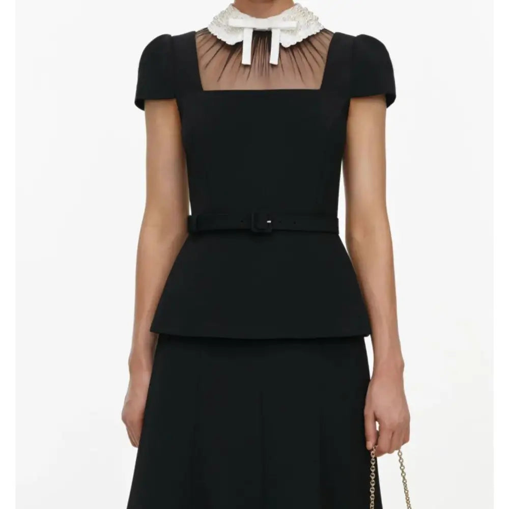 Self Portrait Black Crepe Bow Peplum Midi Dress - Dress