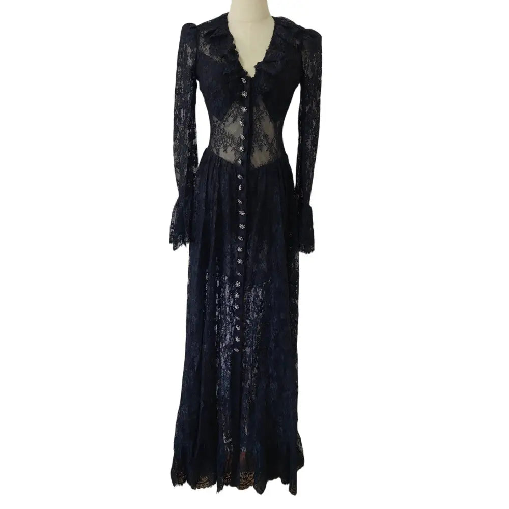 Self-Portrait Black Lace Ruffle Maxi Dress - Dress