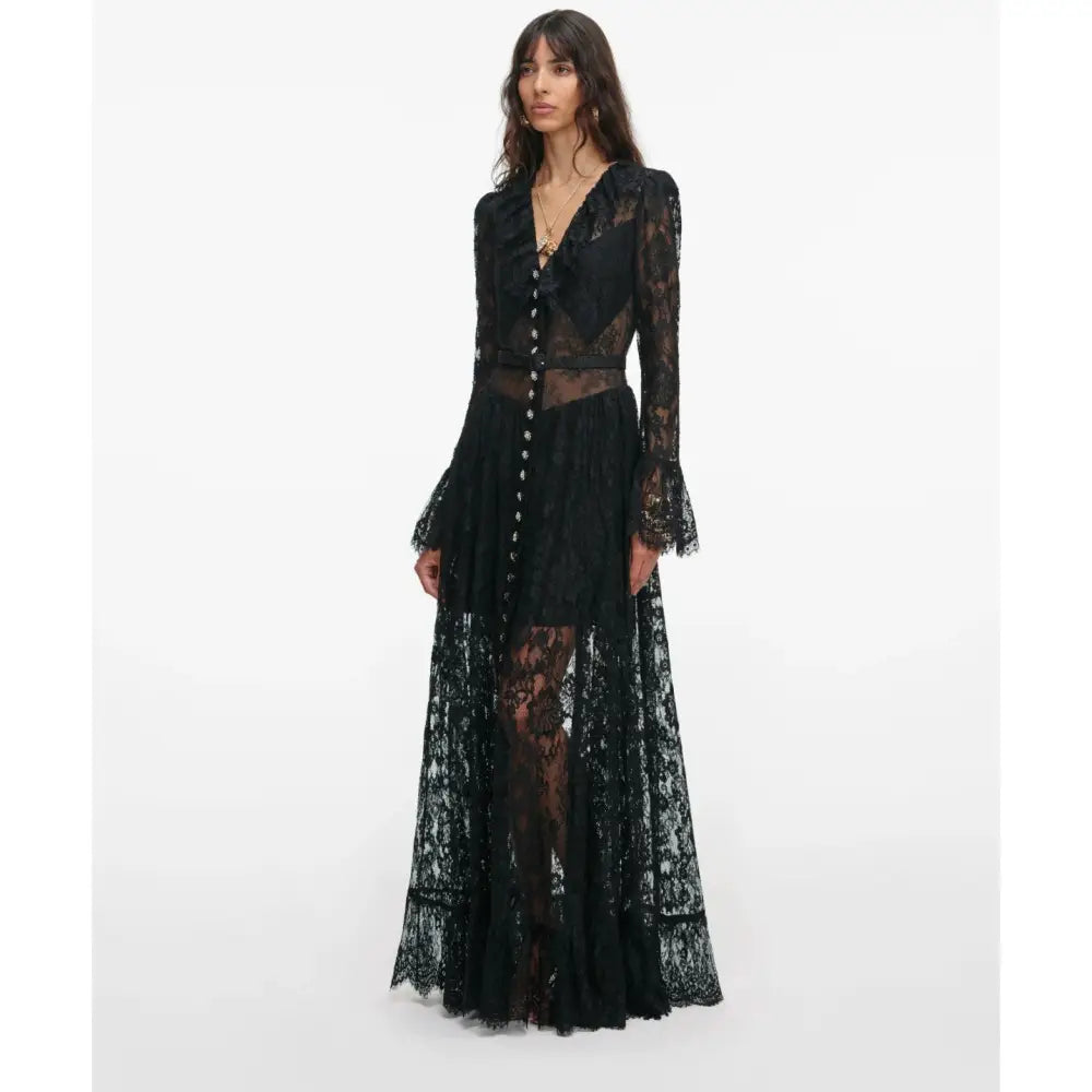 Self-Portrait Black Lace Ruffle Maxi Dress - Dress