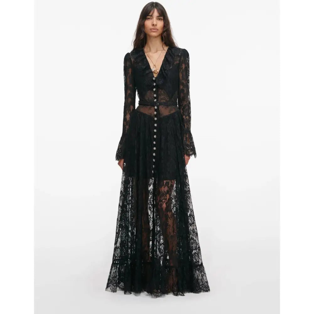 Self-Portrait Black Lace Ruffle Maxi Dress - 2 - Dress