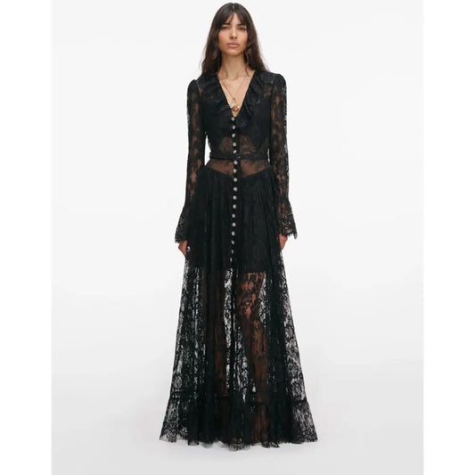 Self-Portrait Black Lace Ruffle Maxi Dress - 2 - Dress