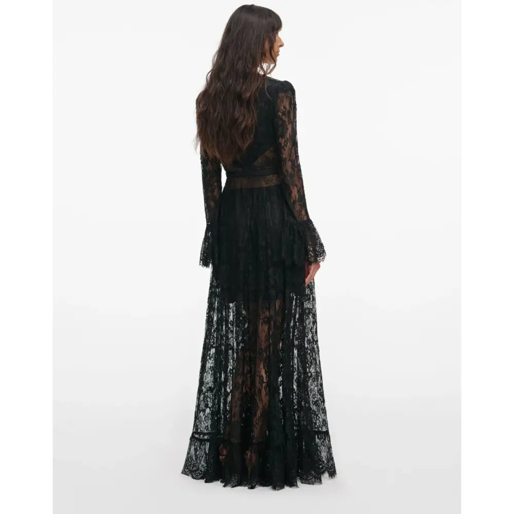 Self-Portrait Black Lace Ruffle Maxi Dress - Dress