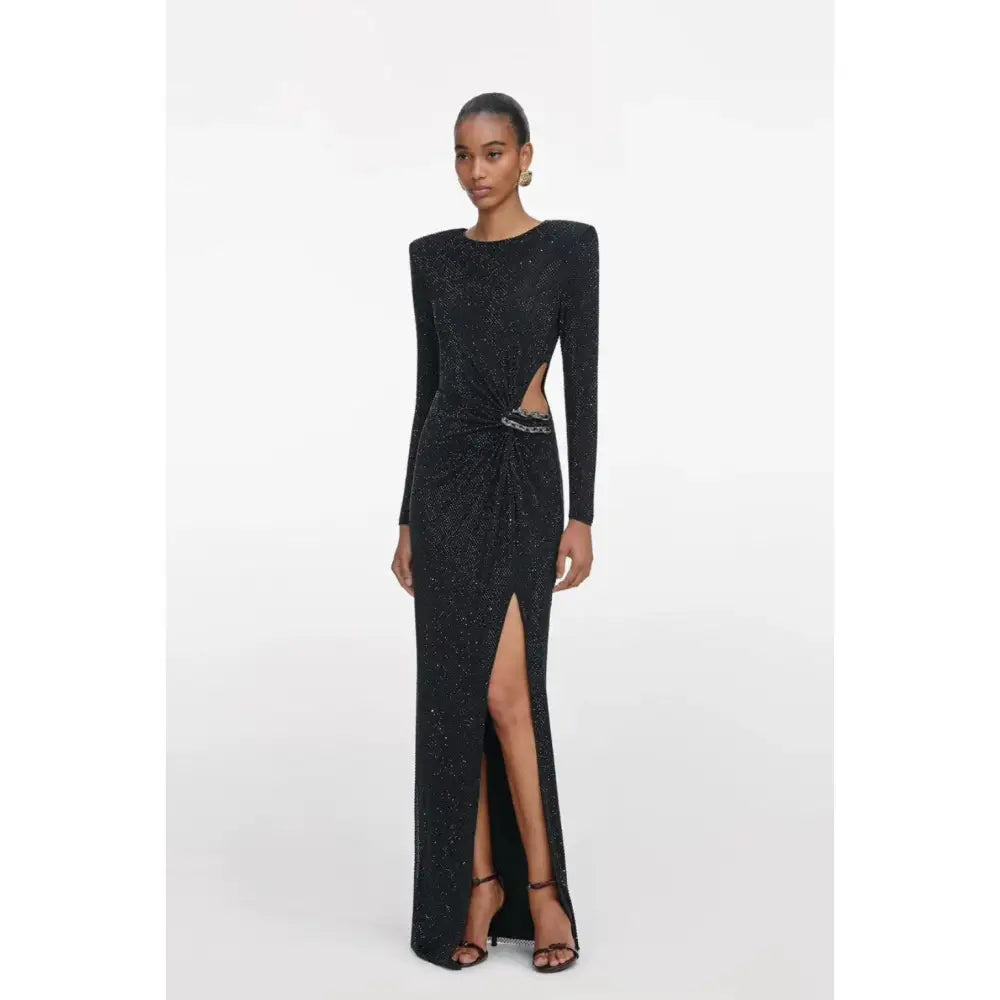 SELF PORTRAIT Black Rhinestone Embellished Maxi Dress