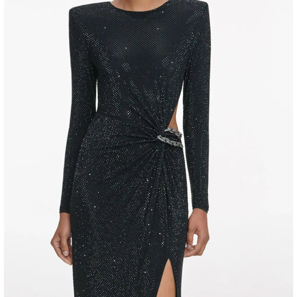 SELF PORTRAIT Black Rhinestone Embellished Maxi Dress