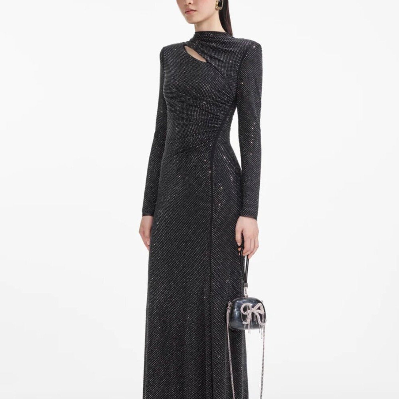 Self Portrait Black Rhinstone Mesh Cut Out Longsleeve Maxi Dress - Self - Portrait Bernardi Collective