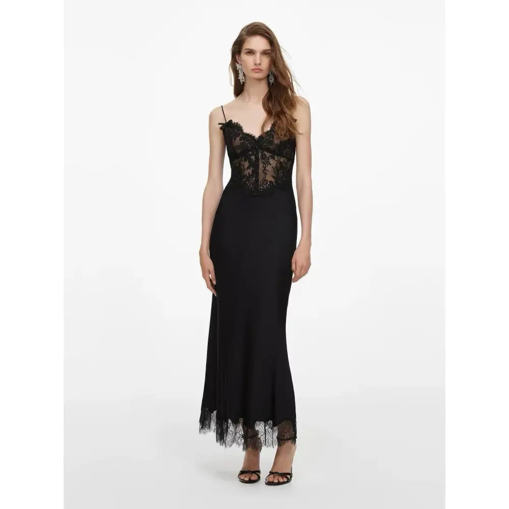 Self-Portrait Black Satin Lace Midi Dress - Dress