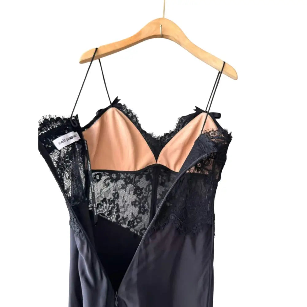 Self-Portrait Black Satin Lace Midi Dress - Dress