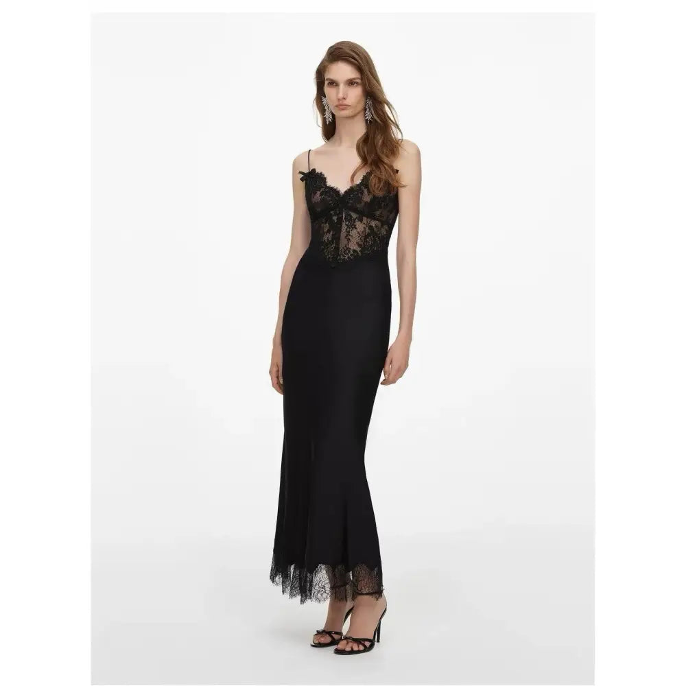 Self-Portrait Black Satin Lace Midi Dress - Dress
