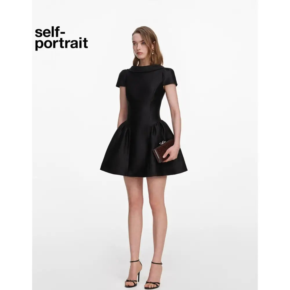 Self-Portrait Black Taffeta Collared Mini Dress - Dress
