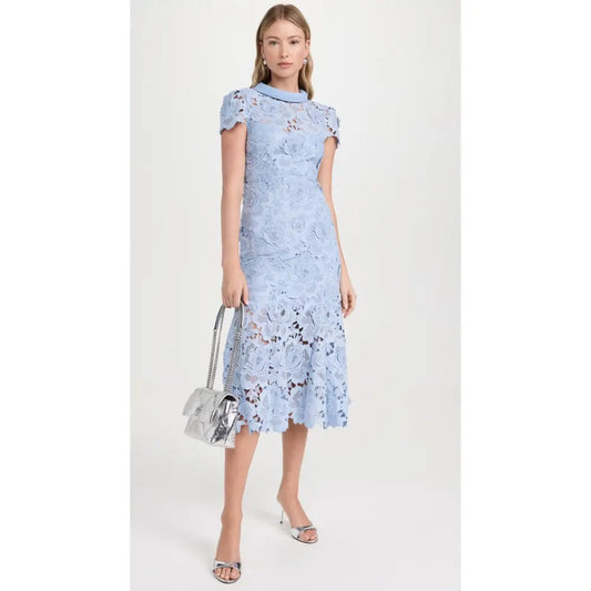 Self Portrait Blue Flower Lace Contrast Collar Midi Dress - Dress