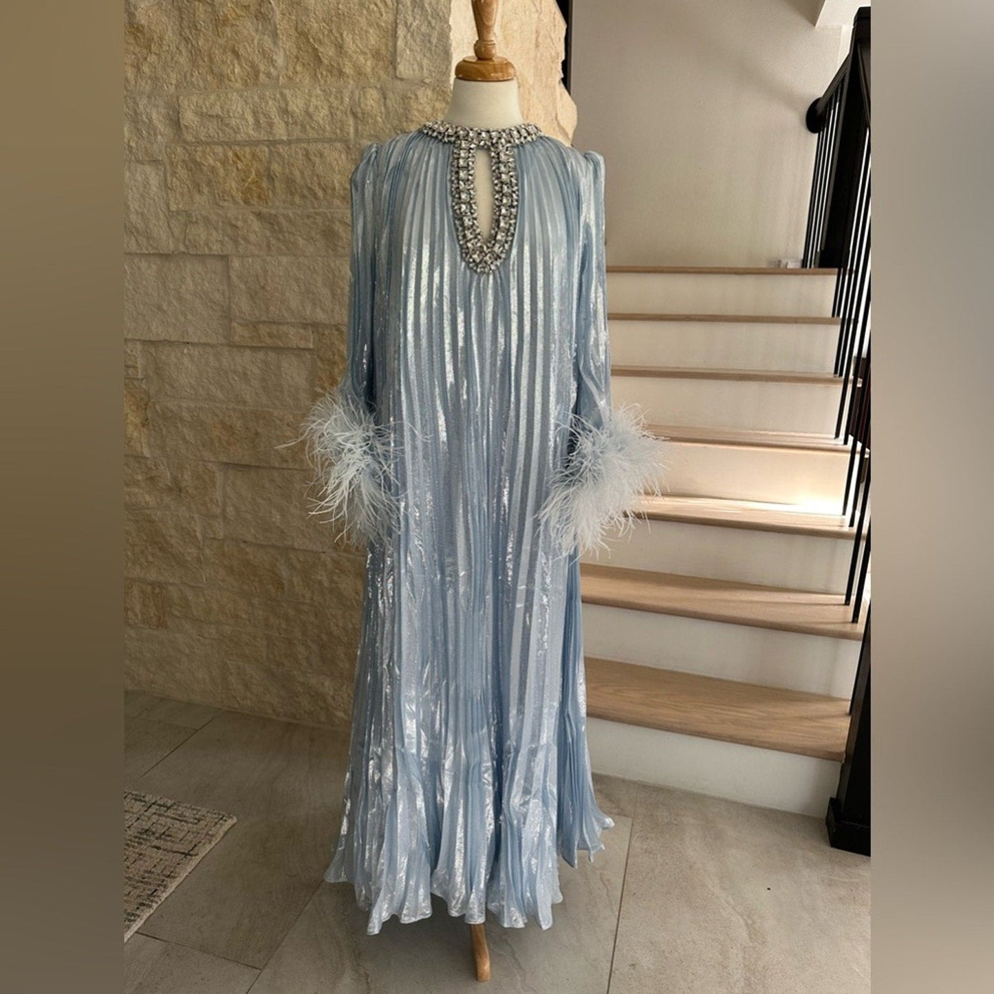 Self Portrait Blue Metallic Chiffon Feather Midi Dress - Self - Portrait Bernardi Collective