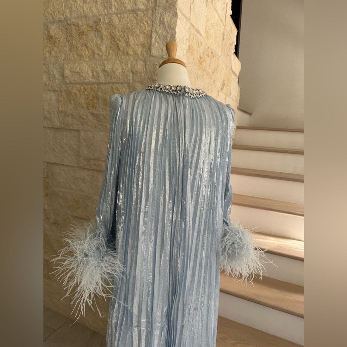 Self Portrait Blue Metallic Chiffon Feather Midi Dress - Self - Portrait Bernardi Collective