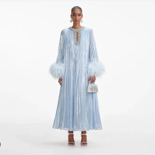Self Portrait Blue Metallic Chiffon Feather Midi Dress - Dress
