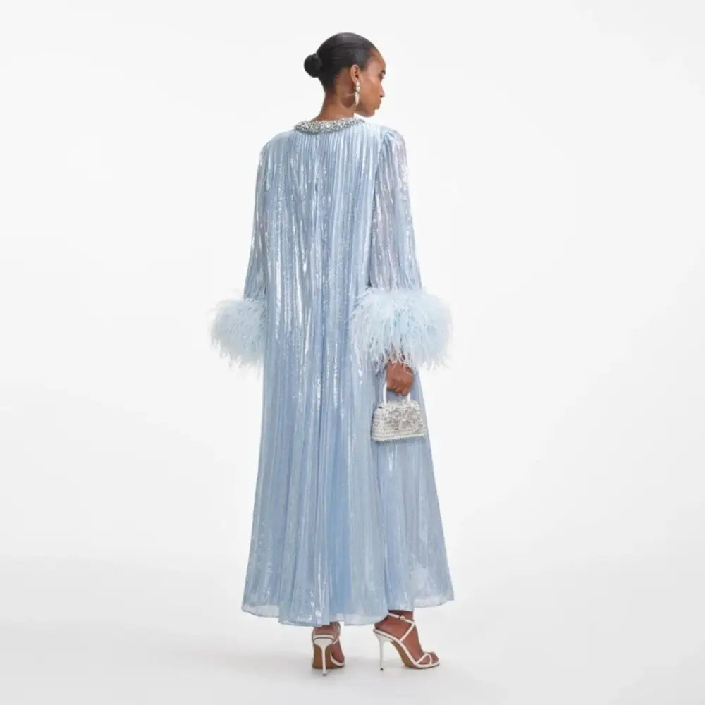 Self Portrait Blue Metallic Chiffon Feather Midi Dress - Self - Portrait Bernardi Collective