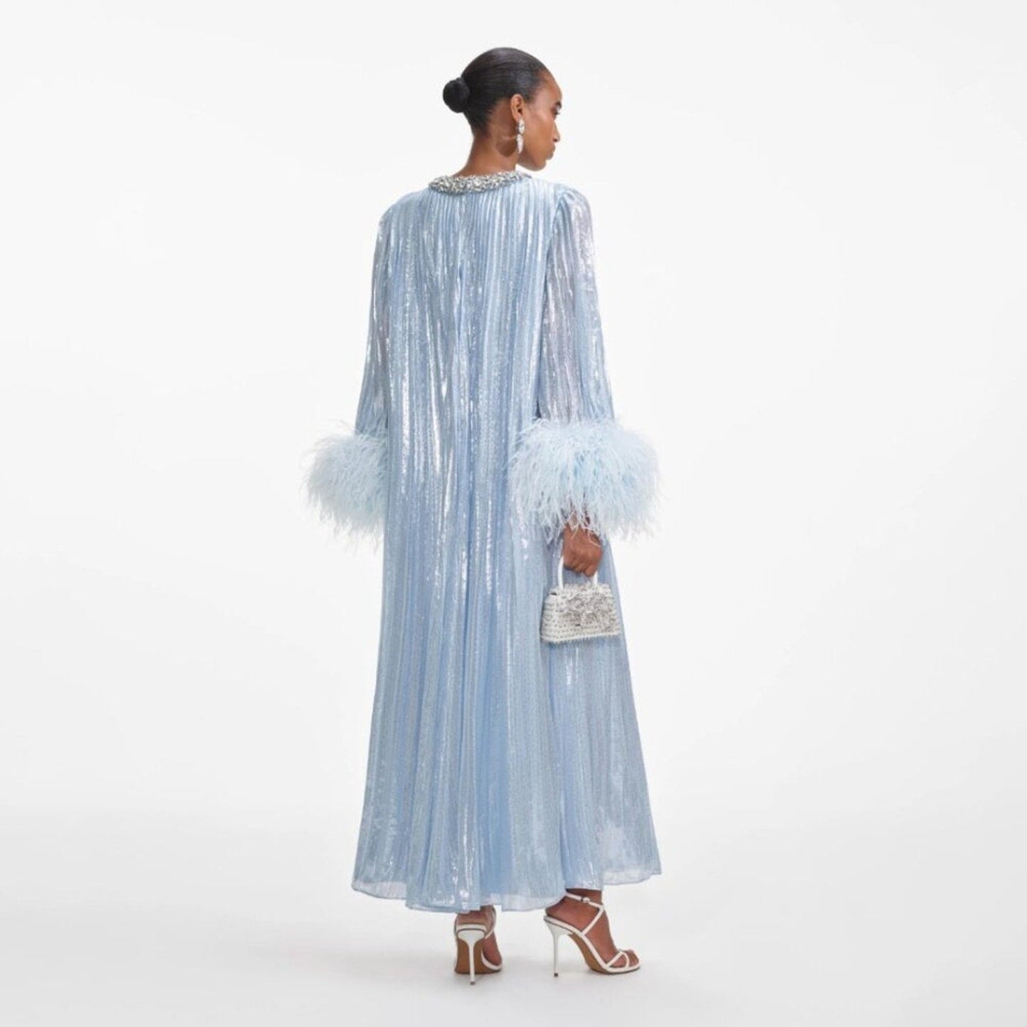 Self Portrait Blue Metallic Chiffon Feather Midi Dress - Self - Portrait Bernardi Collective