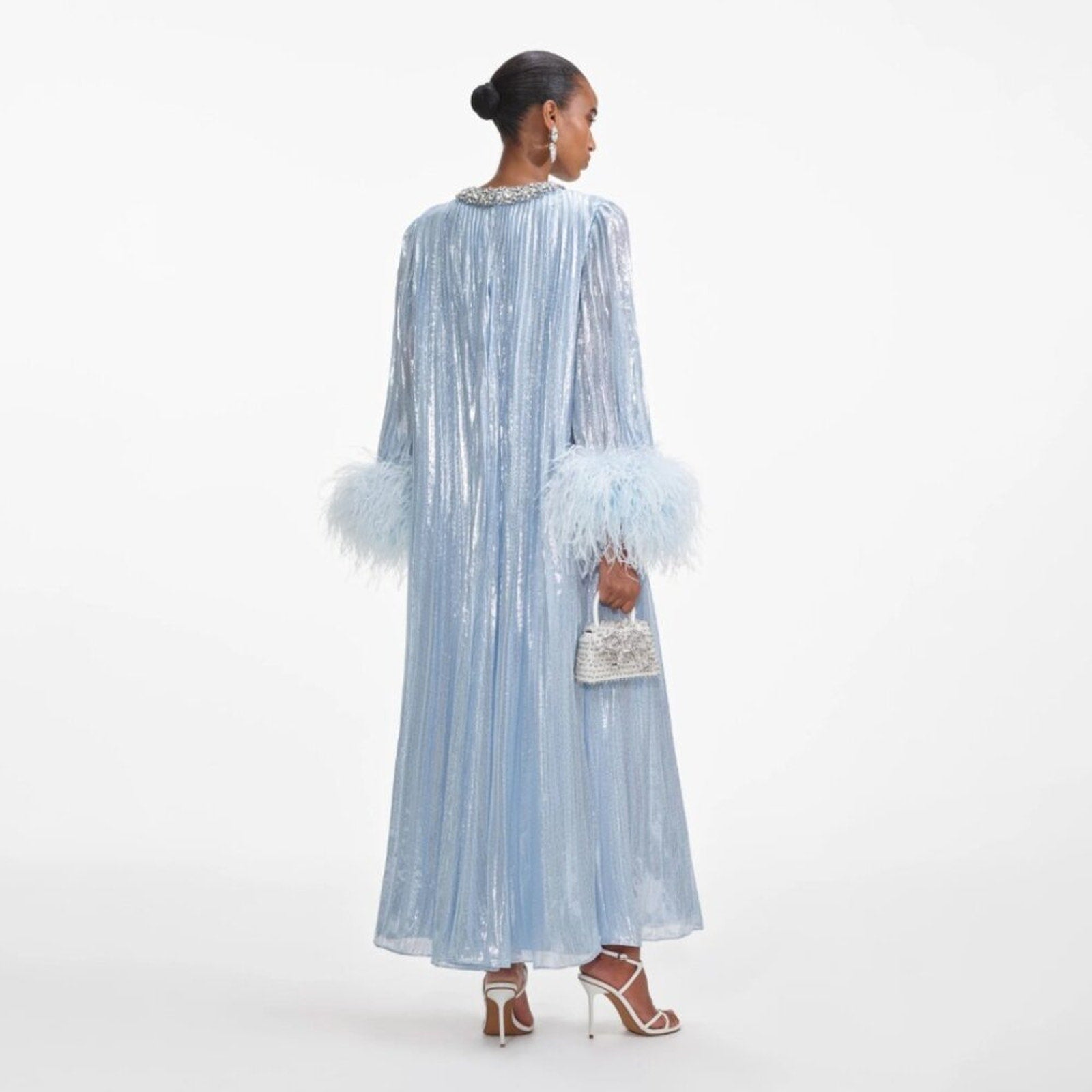 Self Portrait Blue Metallic Chiffon Feather Midi Dress - Self - Portrait Bernardi Collective