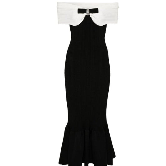 SELF PORTRAIT bow - detail ribbed midi dress black white - Self - Portrait Bernardi Collective