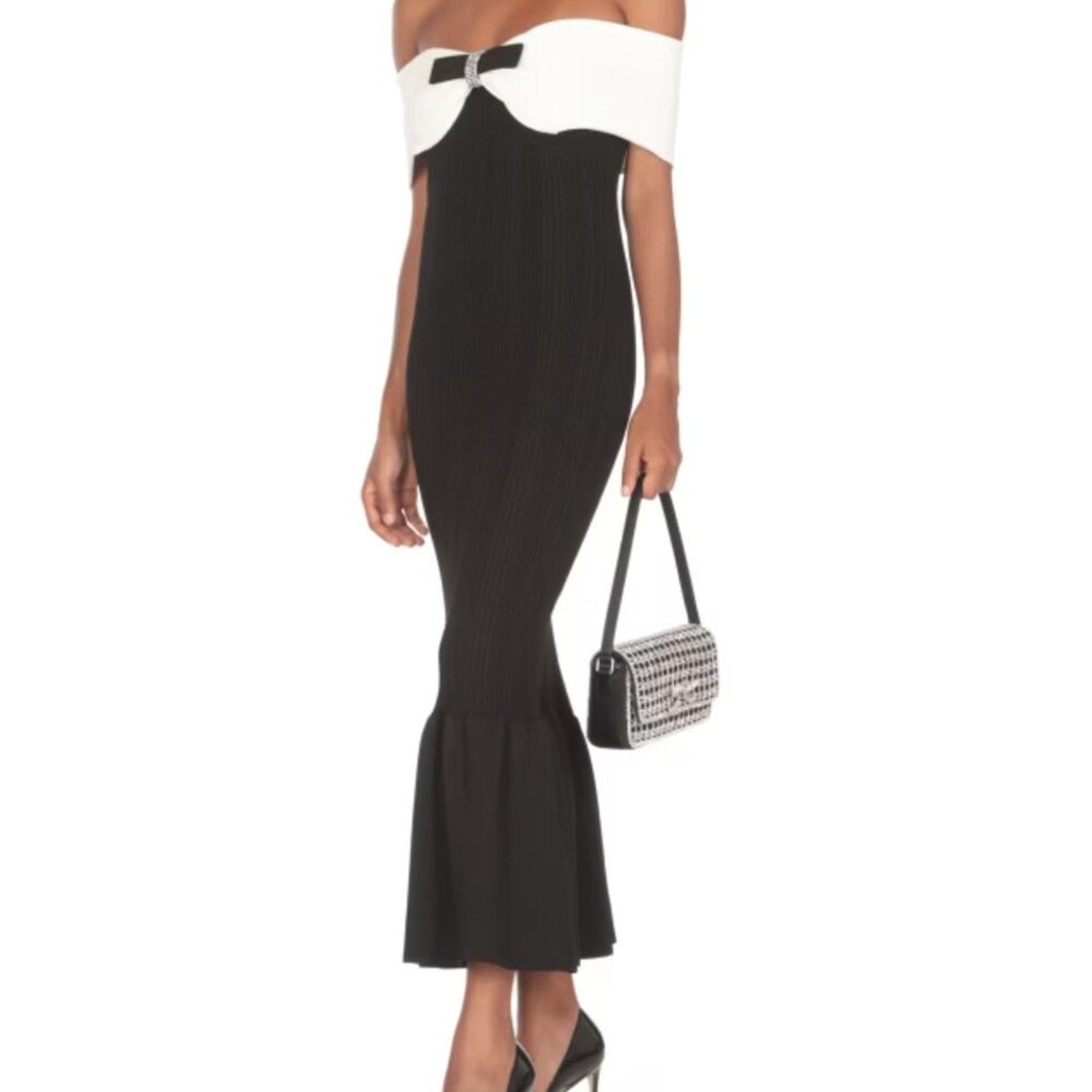 SELF PORTRAIT bow - detail ribbed midi dress black white - Self - Portrait Bernardi Collective