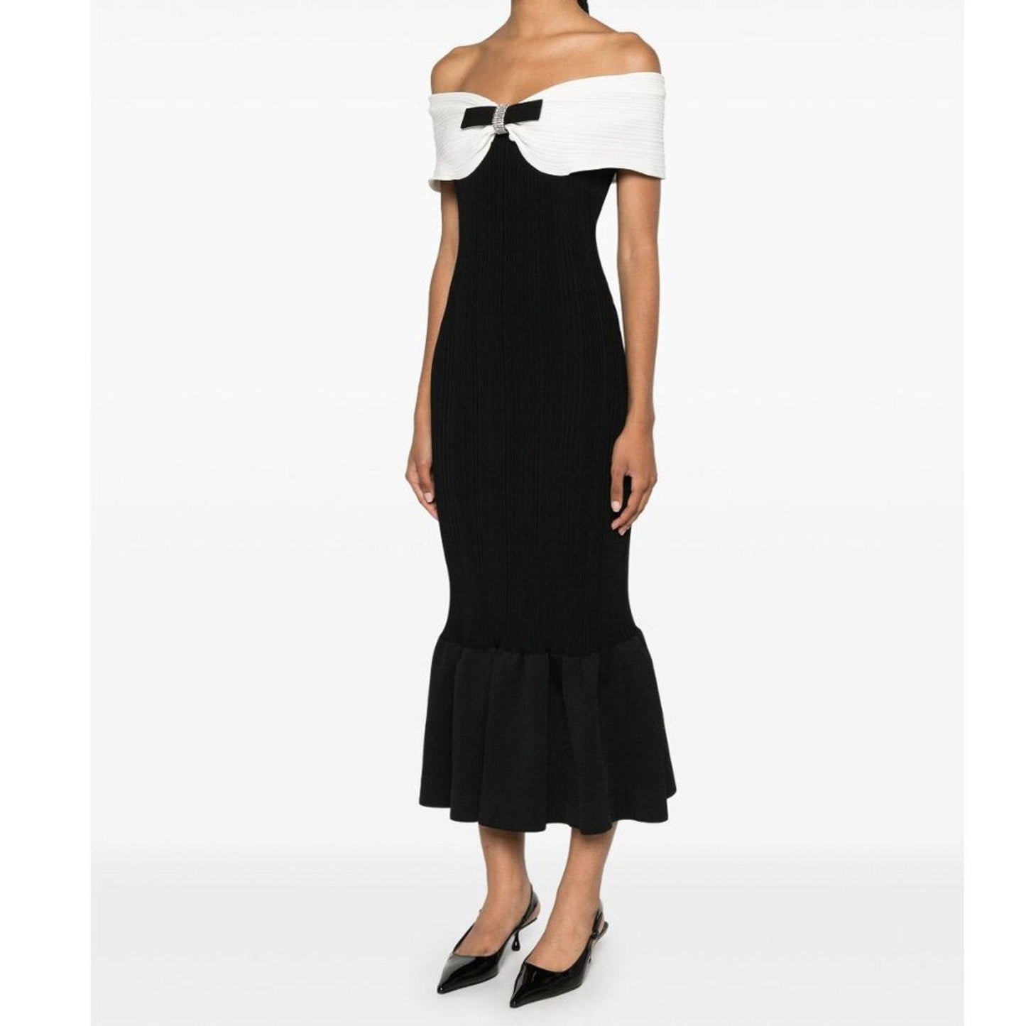 SELF PORTRAIT bow - detail ribbed midi dress black white - Self - Portrait Bernardi Collective