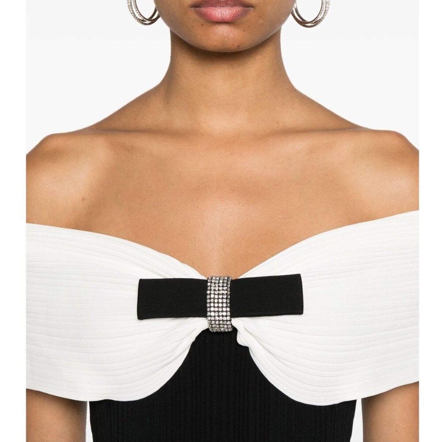 SELF PORTRAIT bow - detail ribbed midi dress black white - Self - Portrait Bernardi Collective