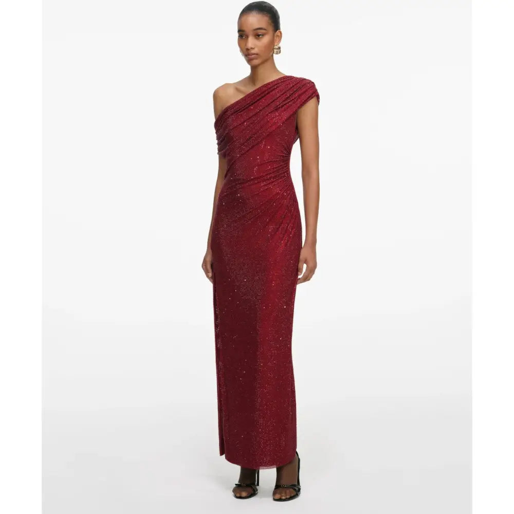 Self-Portrait Burgundy Rhinestone Drape Midi Dress - Dress