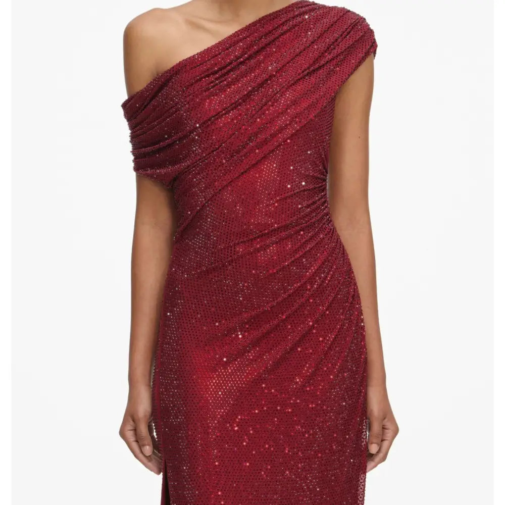 Self-Portrait Burgundy Rhinestone Drape Midi Dress - Dress