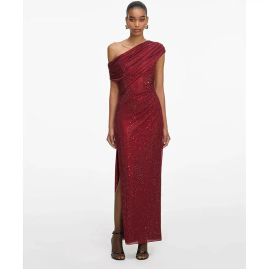 Self-Portrait Burgundy Rhinestone Drape Midi Dress - Dress